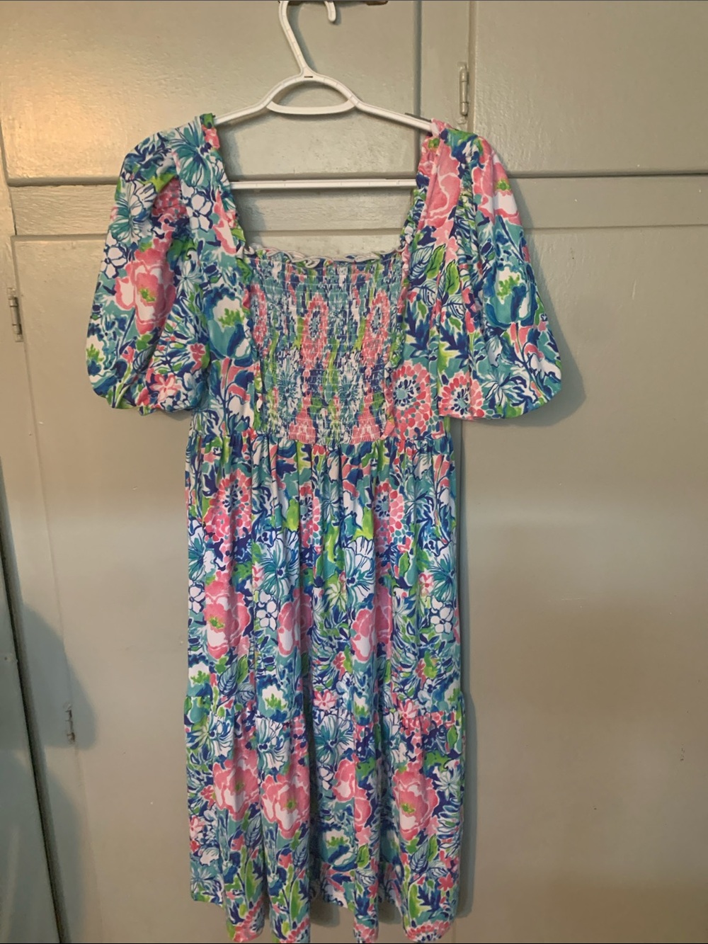 Girls Floral Smocked Midi Dress in Pink, Blue & Green